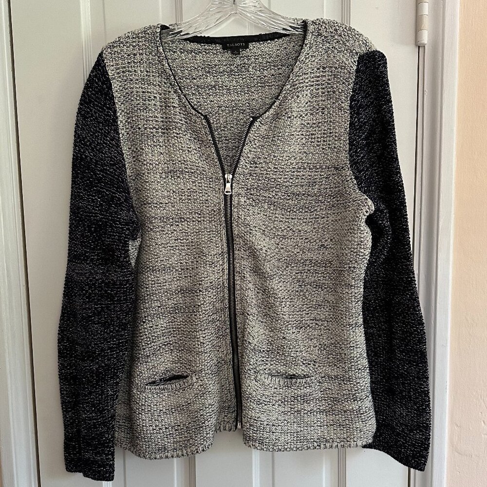 Talbots Zip-front Navy/Ivory Color-block Cardigan Sweater
